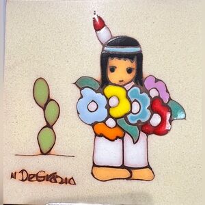 Ceramic Tile Artwork Featuring Native American girl holding Bouquet of Flowers